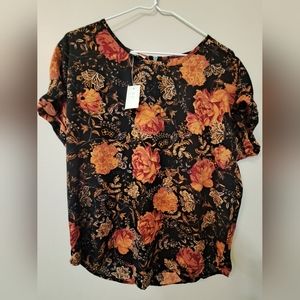 Maurices Women's flowy Blouse black rust floral zip back Size XS